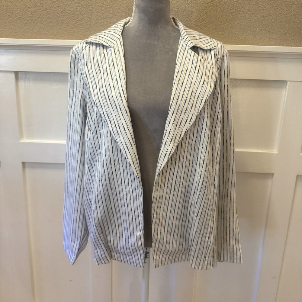 Chico’s Soft Twill Drape Stripe Jacket Size:L Open Front Duster BlueWhite Lyocel